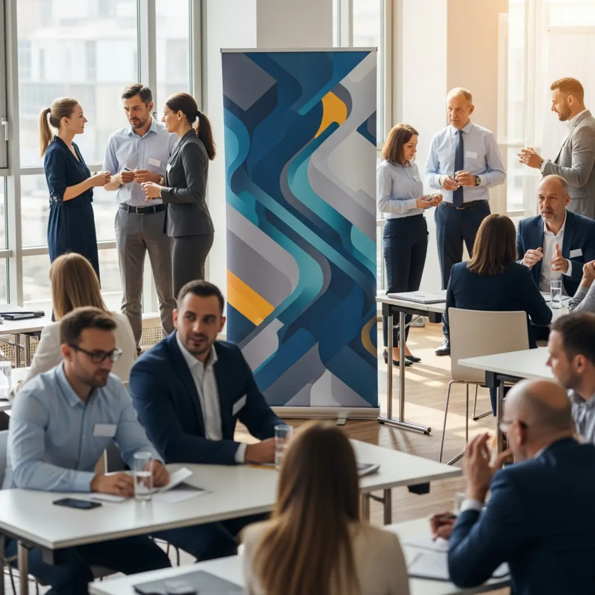Sala konferencyjna z rollupem i uczestnikami spotkania.