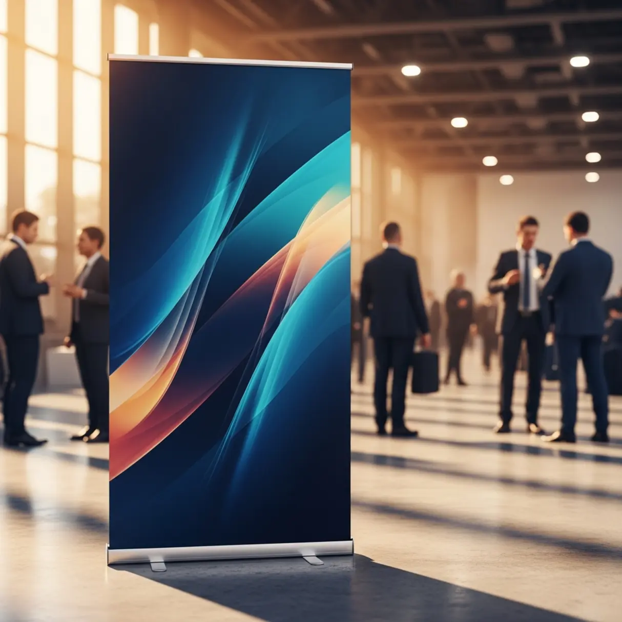 Roll-up reklamowy z abstrakcyjną grafiką na tle sali konferencyjnej.