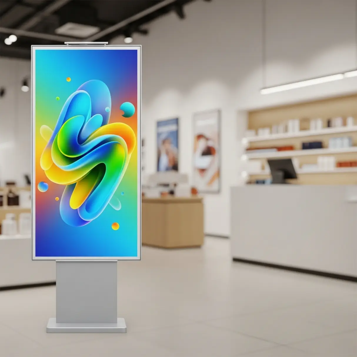 Nowoczesny rollup reklamowy z abstrakcyjną grafiką w jasnym wnętrzu sklepu.