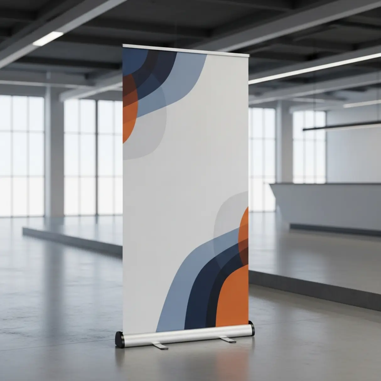 Elegancki, nowoczesny rollup reklamowy z abstrakcyjną grafiką w minimalistycznym otoczeniu.