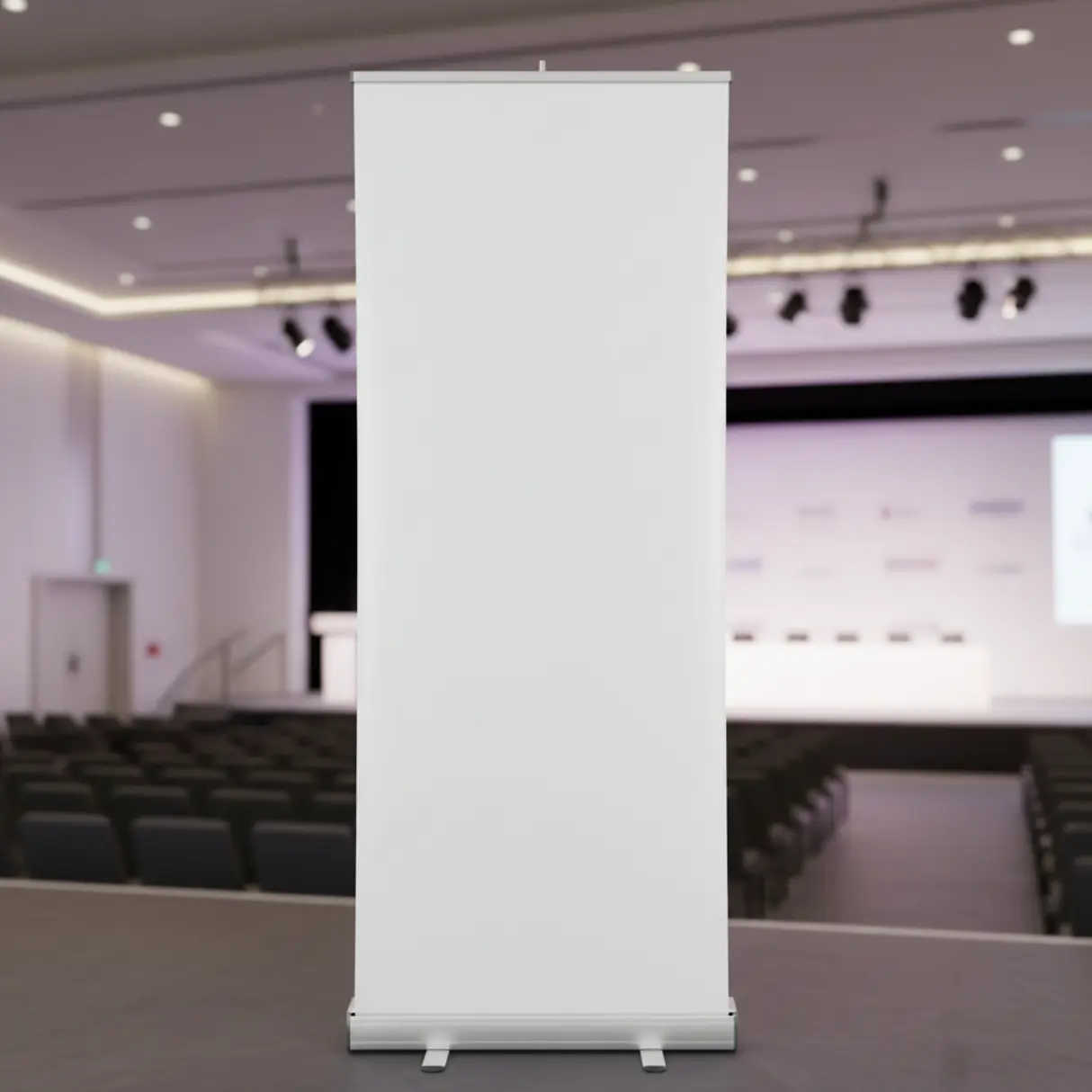 Pusty banner rollup w sali konferencyjnej.