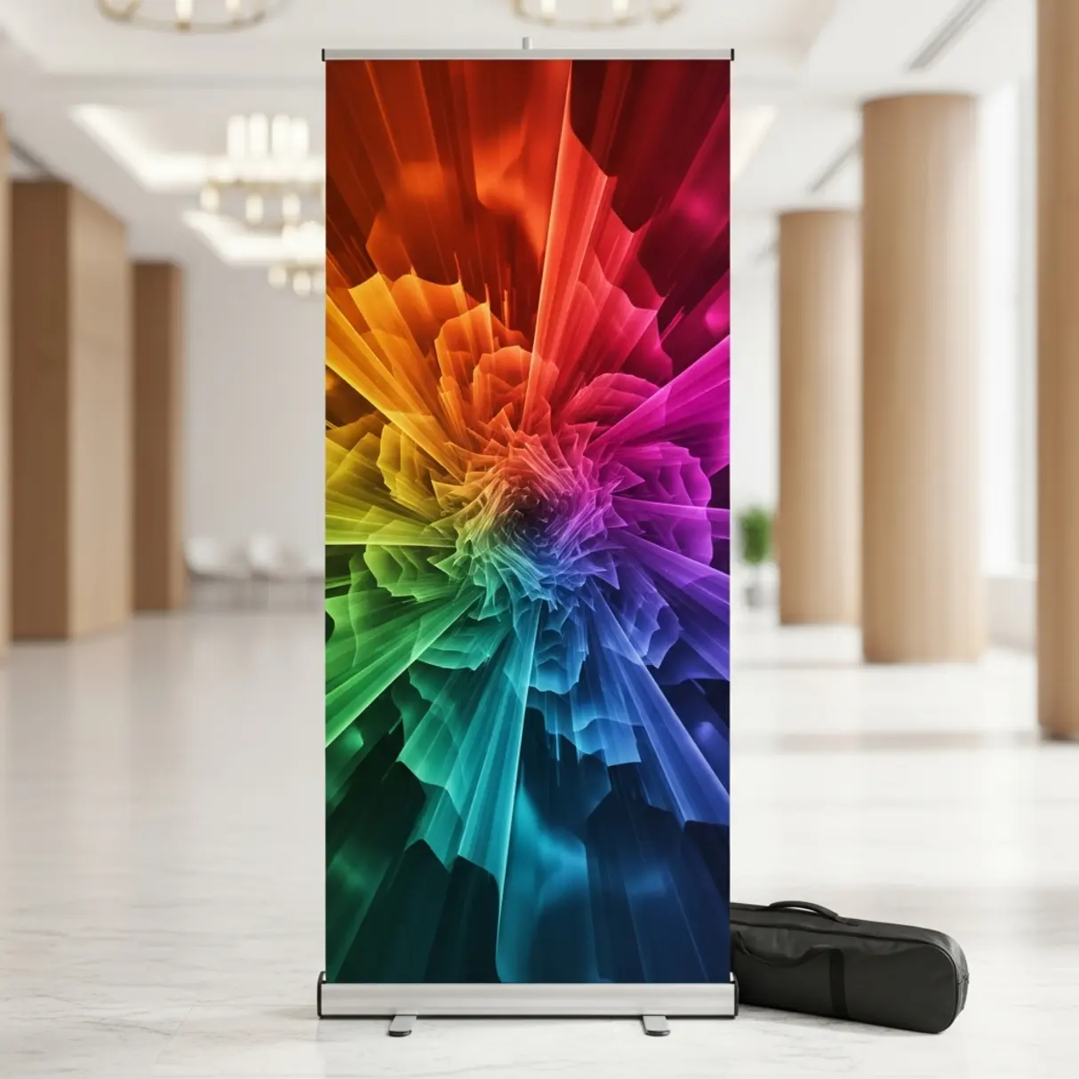 Baner reklamowy roll-up z abstrakcyjnym wzorem w nowoczesnej sali konferencyjnej.