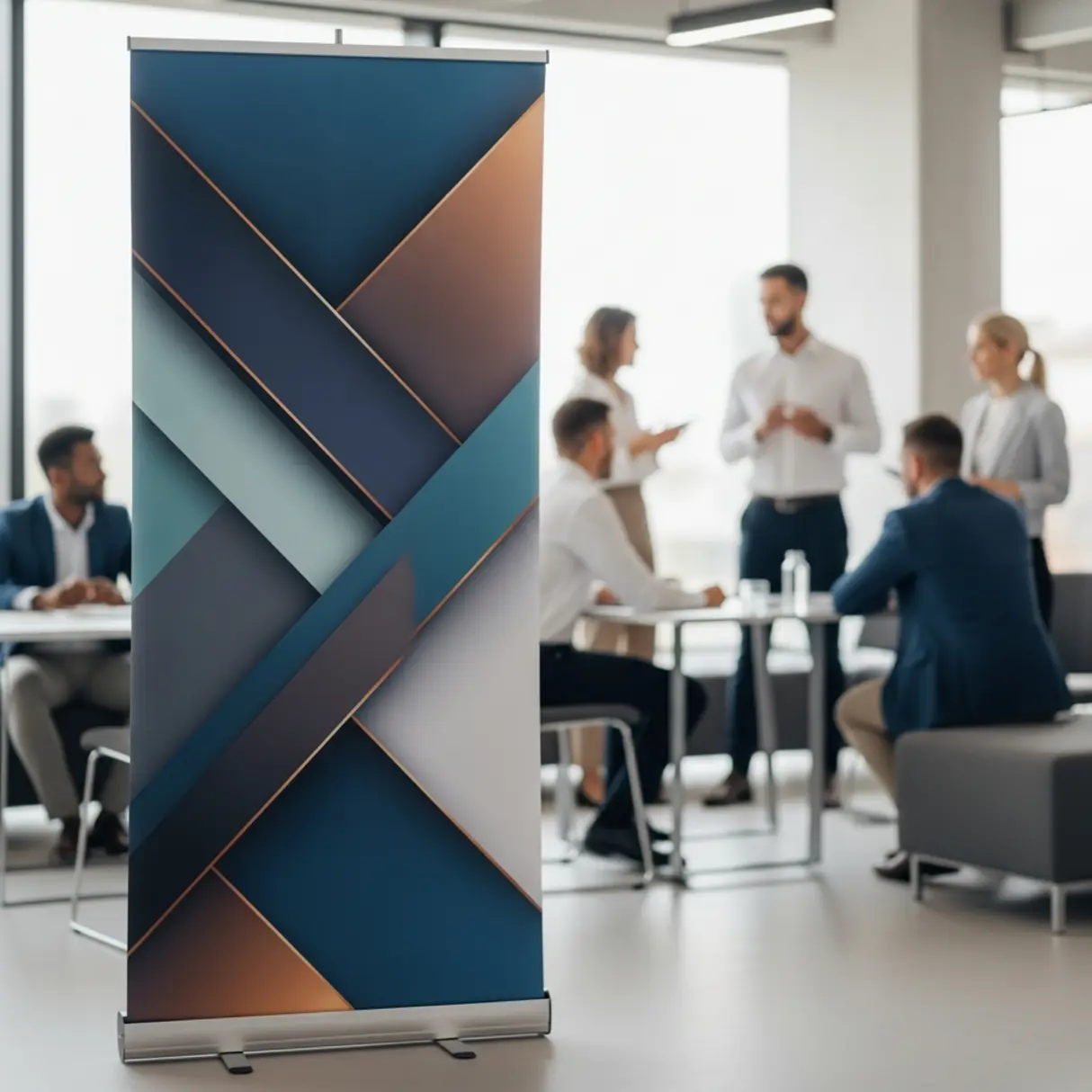 Rollup banner z abstrakcyjnym wzorem w nowoczesnym biurze.
