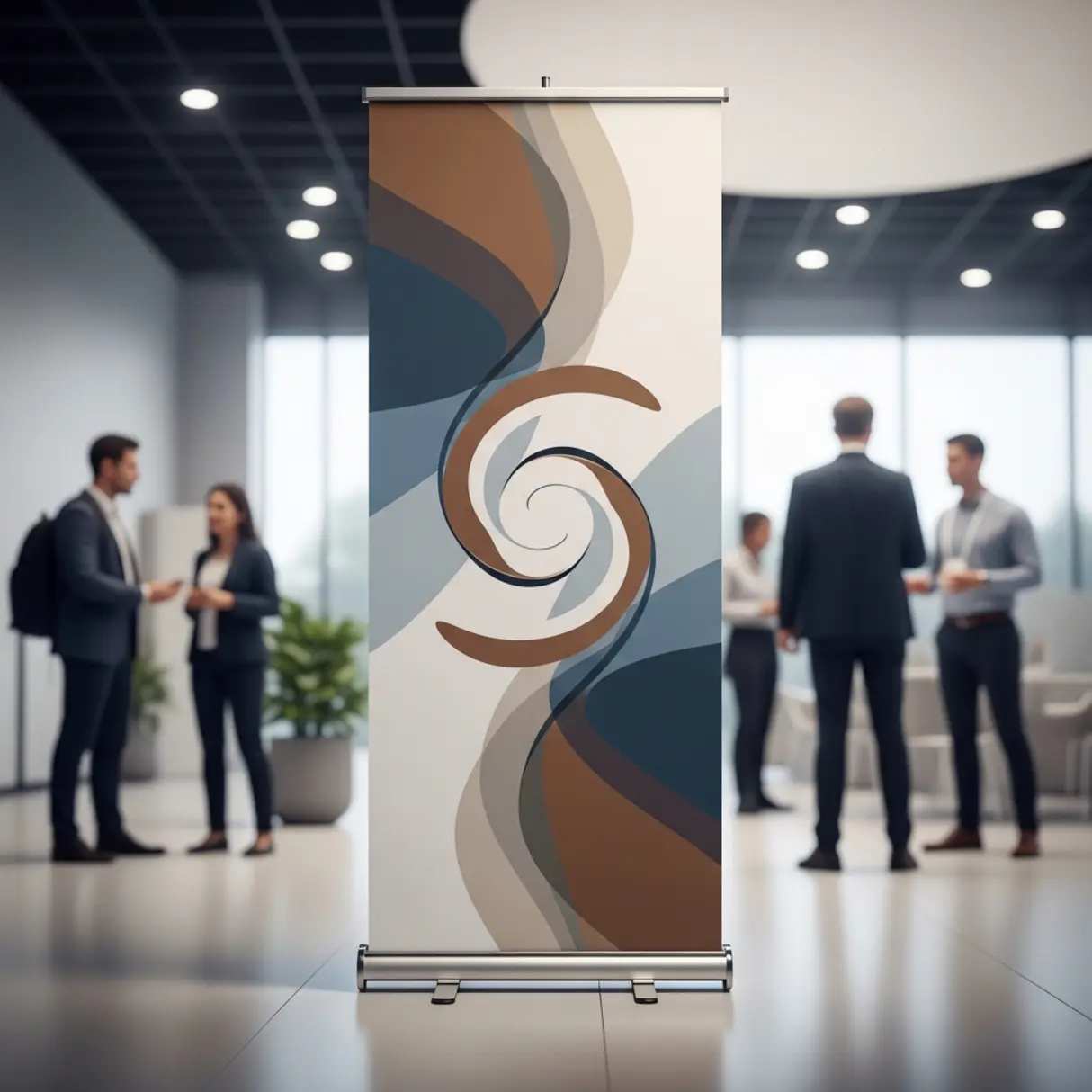 Baner reklamowy typu roll-up z abstrakcyjnym wzorem w nowoczesnym biurze.