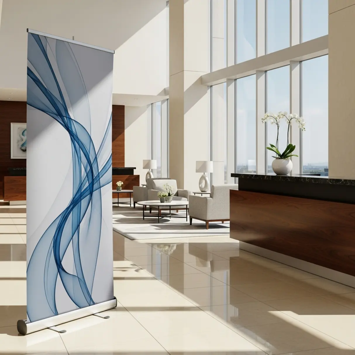 Rollup w eleganckim lobby hotelowym z abstrakcyjnym wzorem.