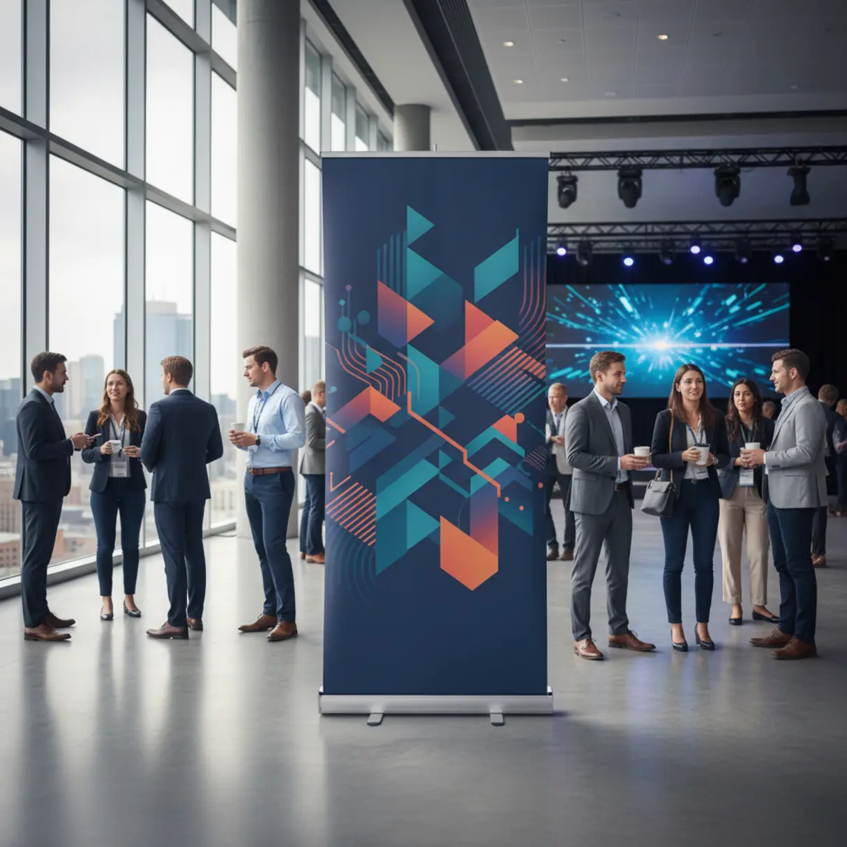 Rollup z abstrakcyjną grafiką na tle konferencji z uczestnikami.
