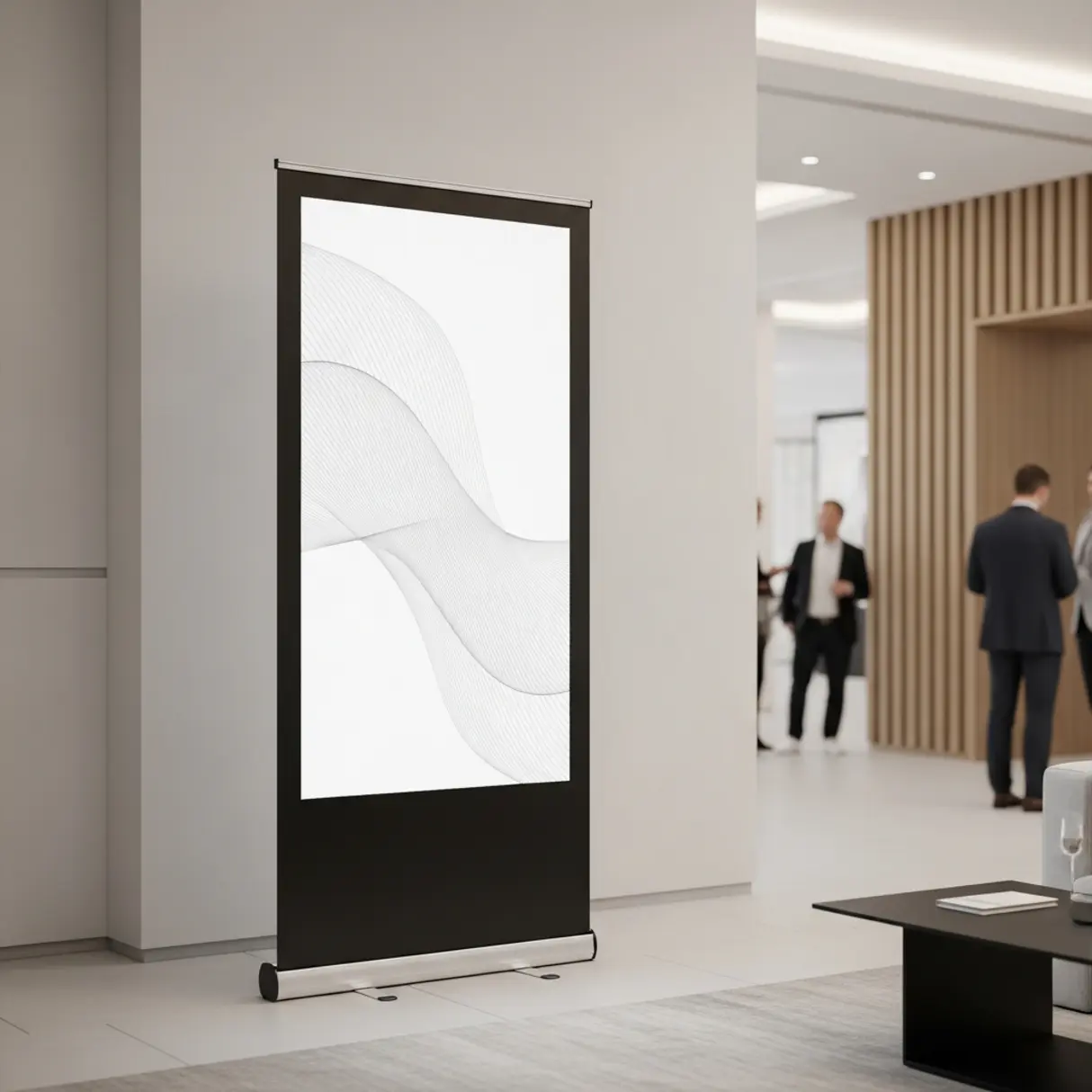 Elegancki rollup reklamowy z abstrakcyjną grafiką w nowoczesnym lobby.