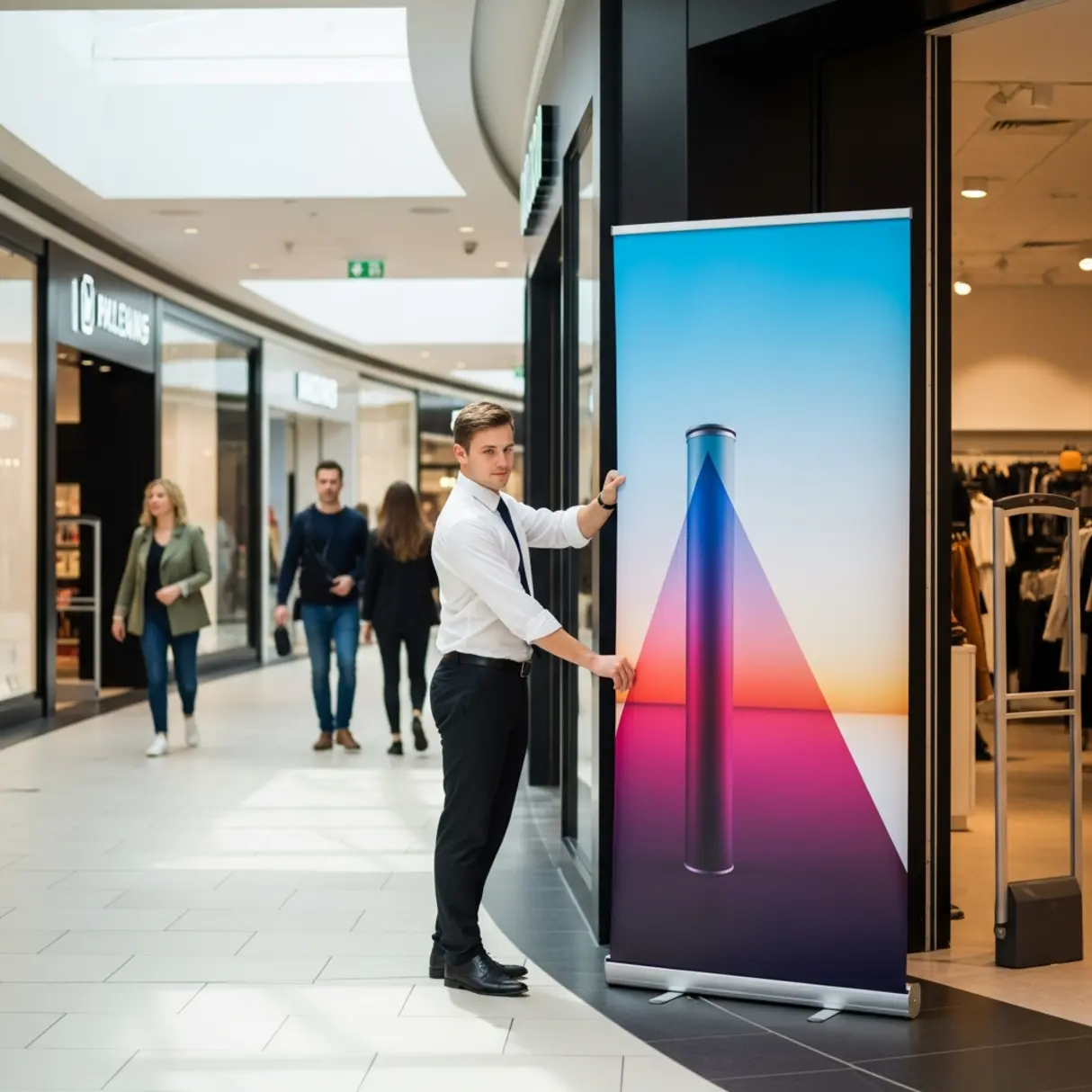 Pracownik sklepu ustawia rollup reklamowy w centrum handlowym.
