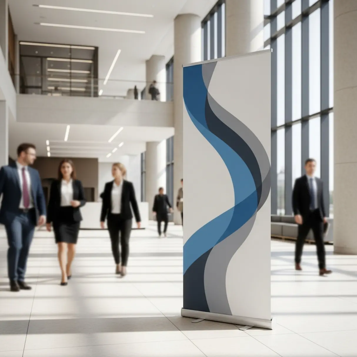 Rollup reklamowy w nowoczesnym lobby budynku publicznego.