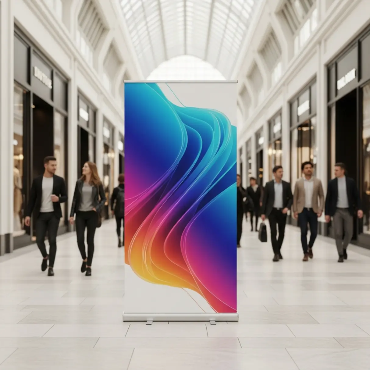 Rollup reklamowy z abstrakcyjną grafiką w galerii handlowej.