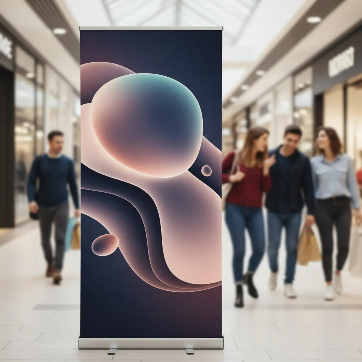 Rollup reklamowy z abstrakcyjną grafiką w galerii handlowej.