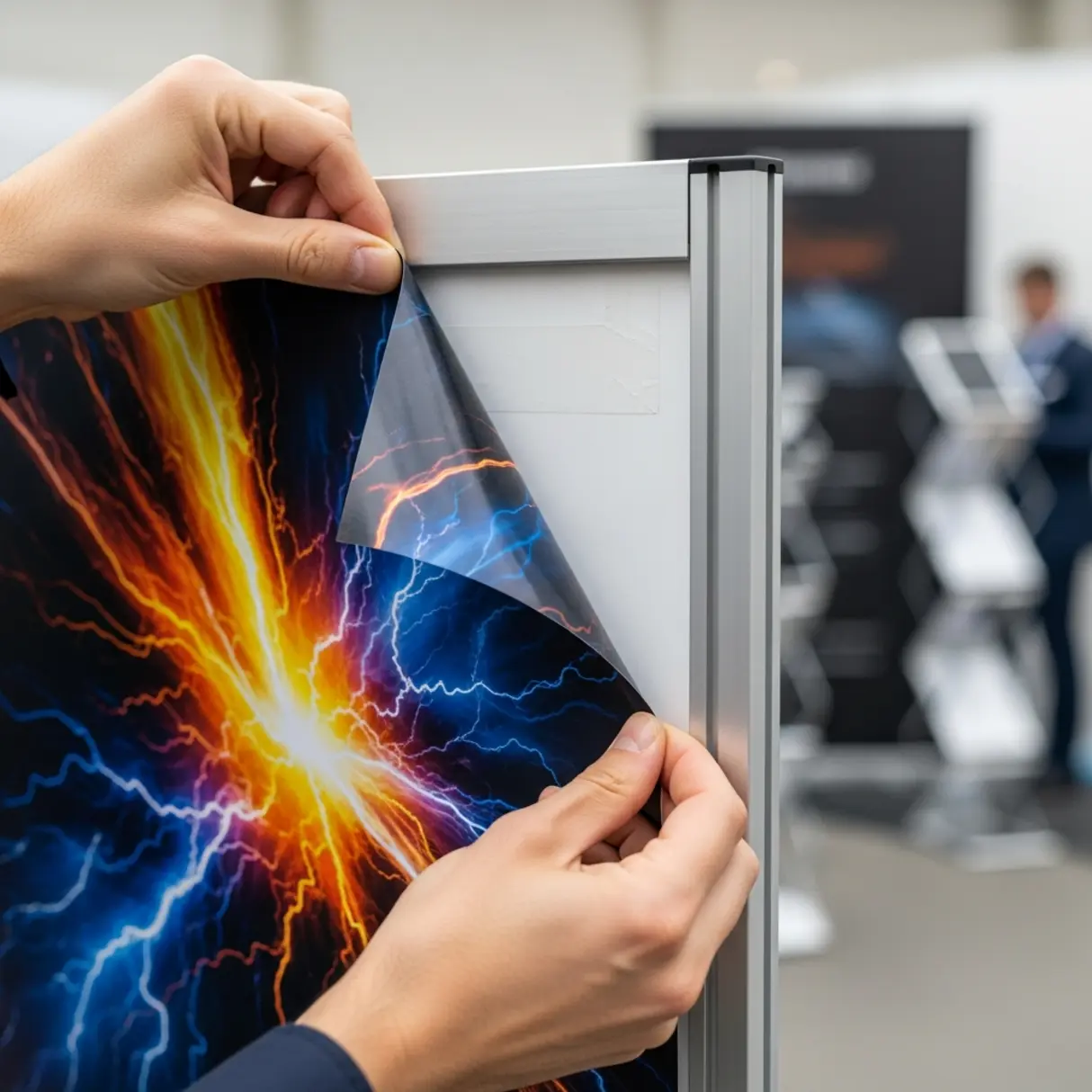 Ręce naklejające nową grafikę na roll-up z abstrakcyjnym wzorem.