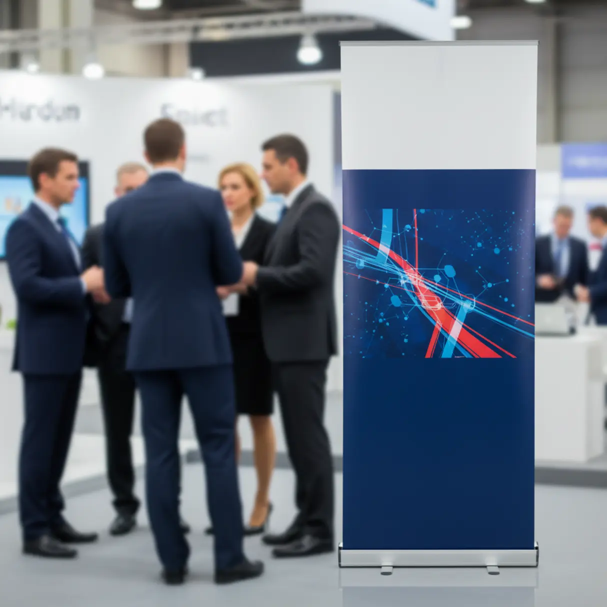 Rollup reklamowy z abstrakcyjną grafiką na tle konferencji biznesowej.