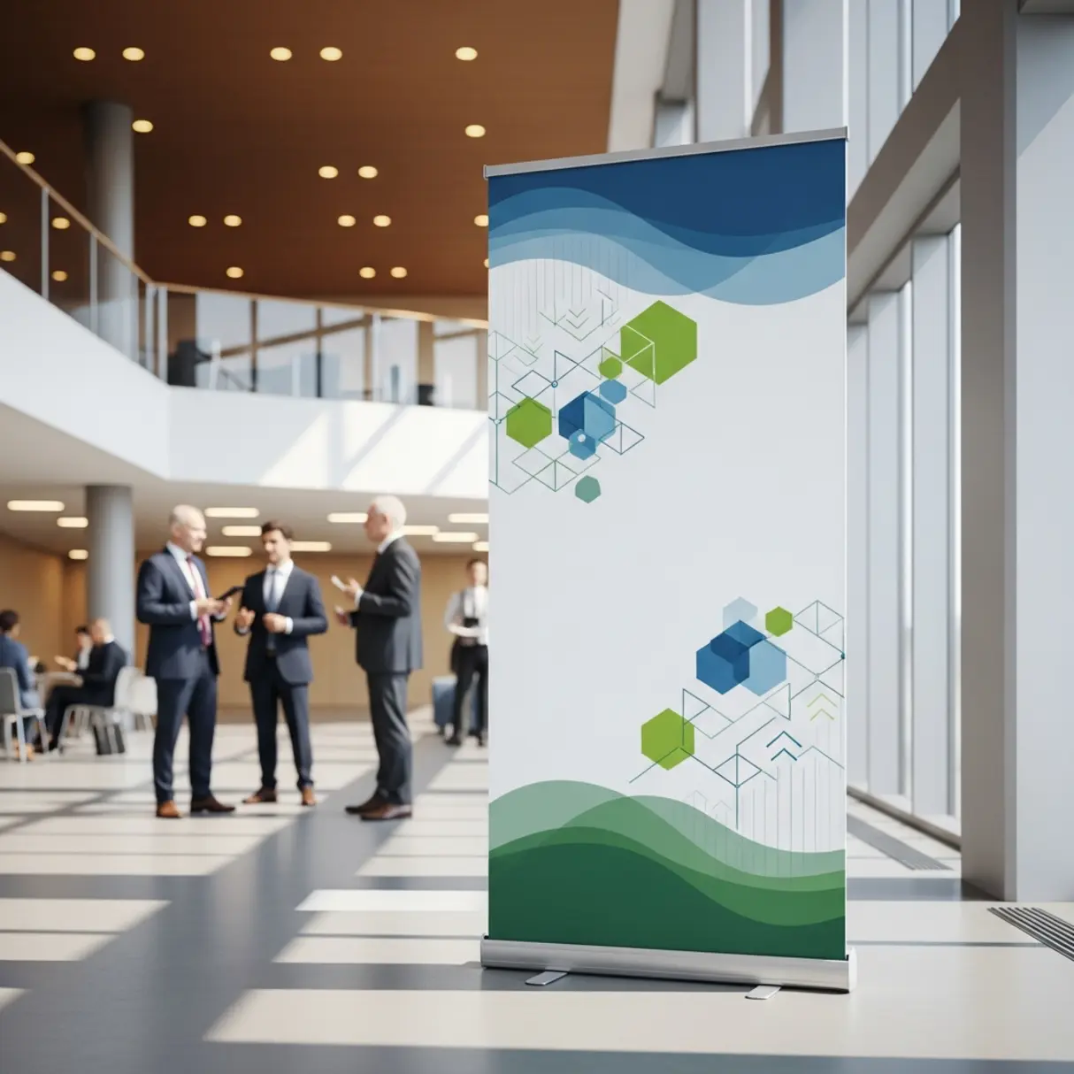 Zdjęcie nowoczesnego rollupu Mondo (100x200 cm) z abstrakcyjną grafiką w sali konferencyjnej, z profesjonalistami w tle.