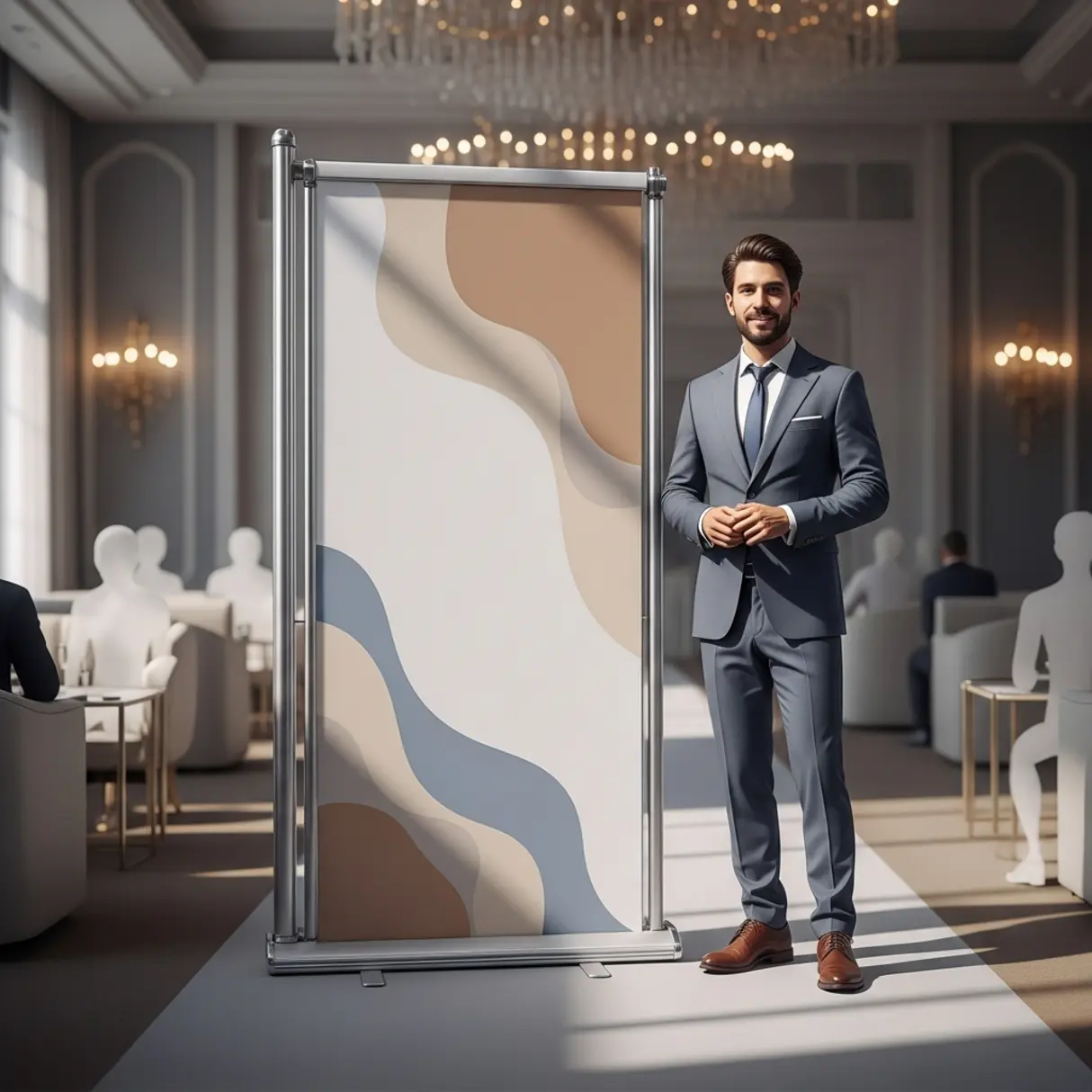 Mężczyzna w garniturze stoi obok rollupu reklamowego z abstrakcyjnym wzorem na jasnym tle konferencyjnym.
