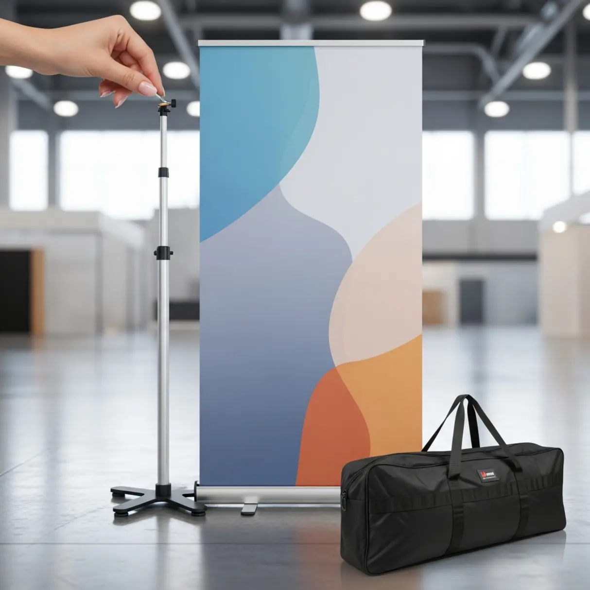 Baner Rollup Mondo 100x200 cm w hali wystawowej, z aluminiową kasetą, regulowanymi stopkami, grafiką abstrakcyjną i torbą transportową.