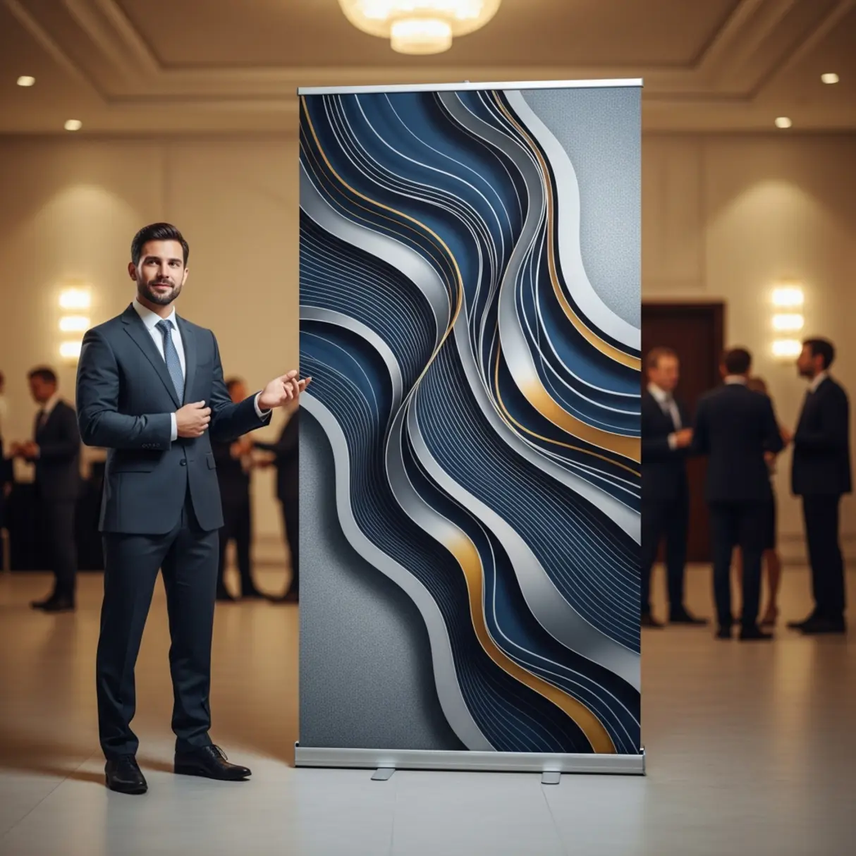 Profesjonalny stand reklamowy Rollup Mondo z abstrakcyjną grafiką, prezentowany przez eleganckiego mężczyznę w sali konferencyjnej.