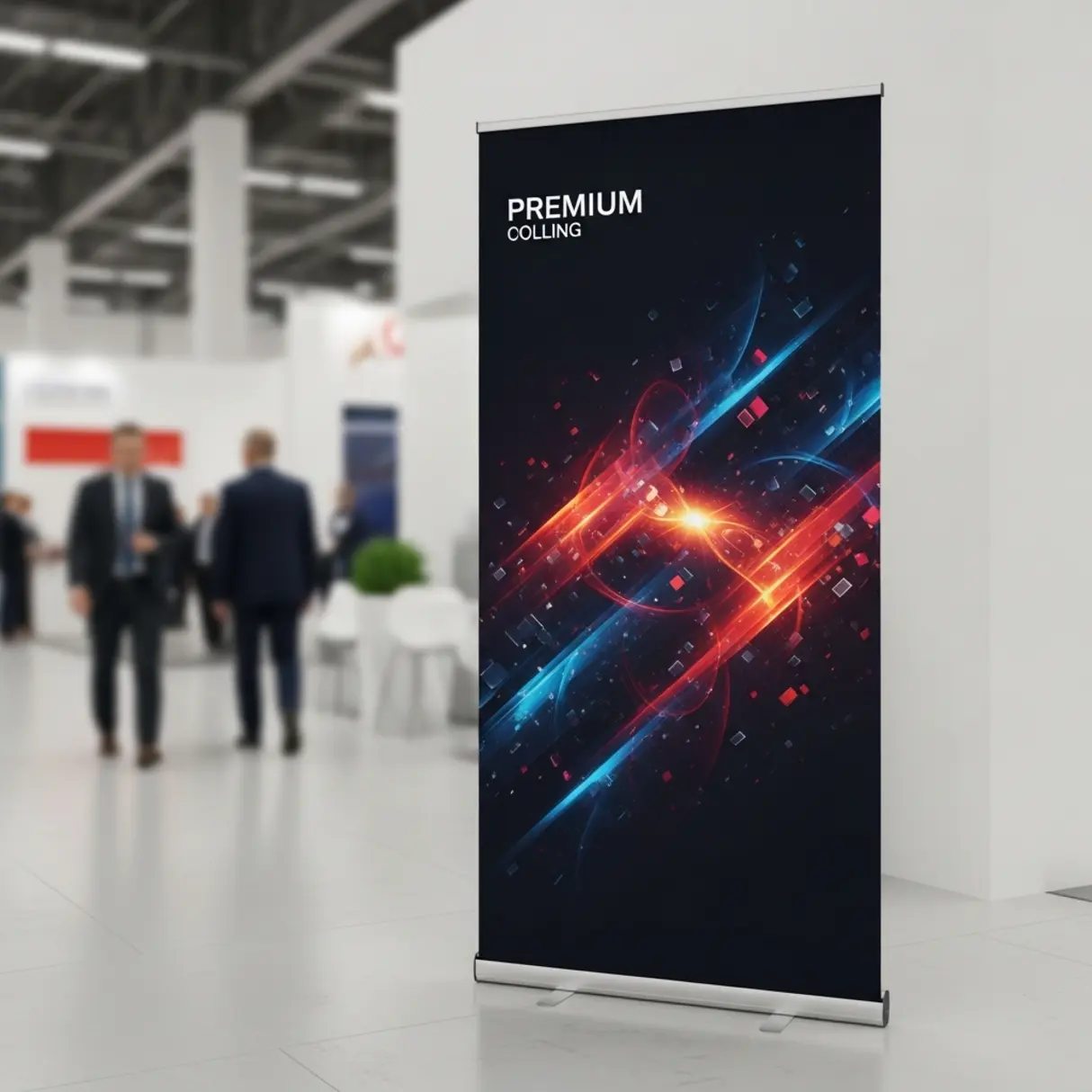 Rollup reklamowy Premium Colling z abstrakcyjną grafiką w hali targowej.