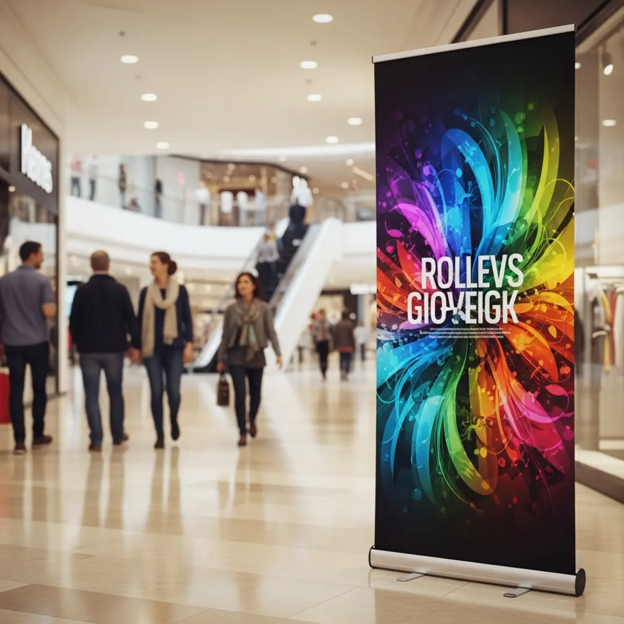 Roll-up z abstrakcyjną grafiką w centrum handlowym.