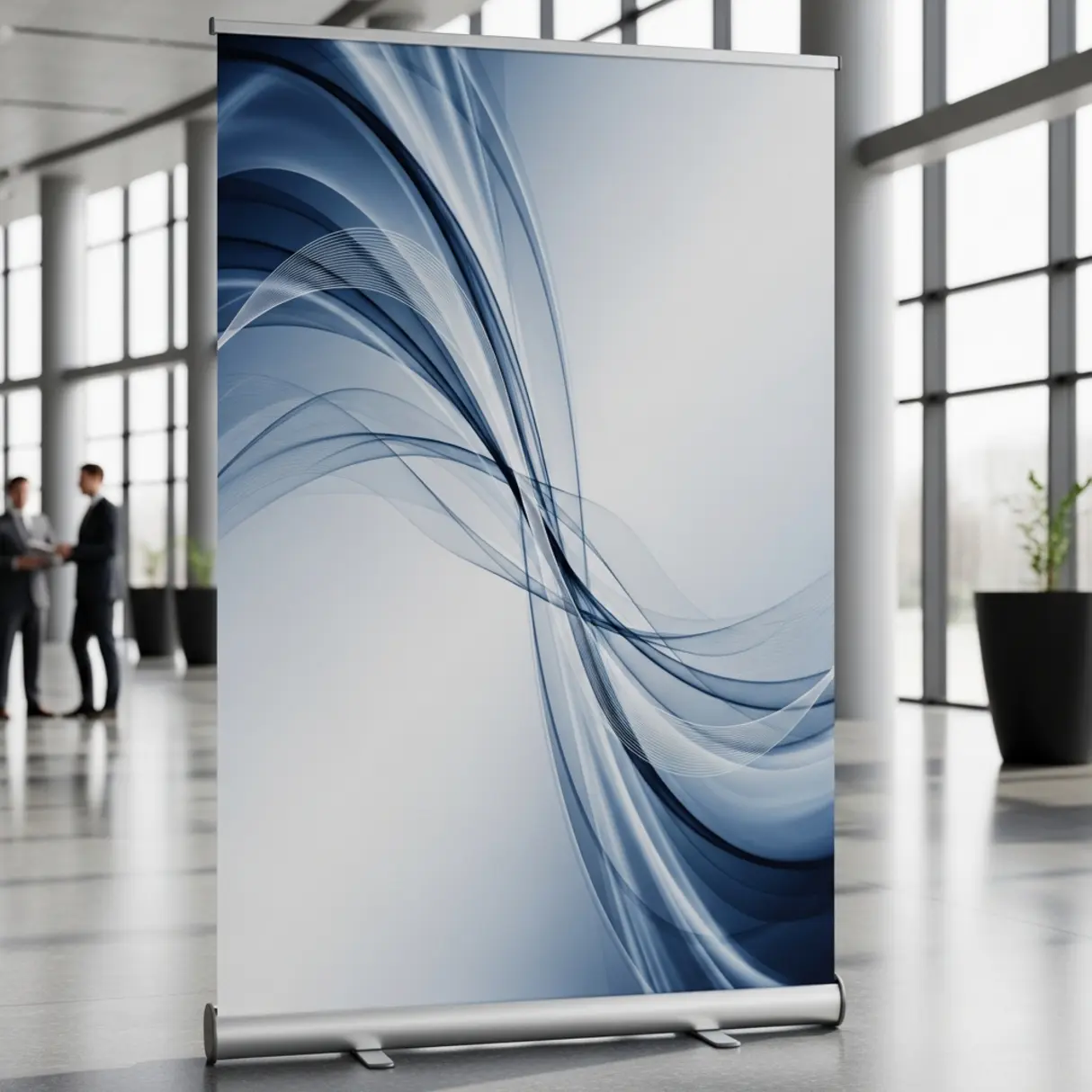 Nowoczesny stand reklamowy Rollup Wasp z abstrakcyjną grafiką w przestronnej sali konferencyjnej.
