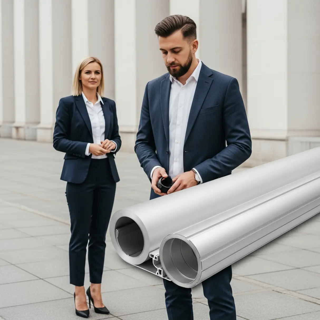 Dwie osoby w garniturach stoją obok siebie, a na pierwszym planie leżą dwa zwinięte materiały.