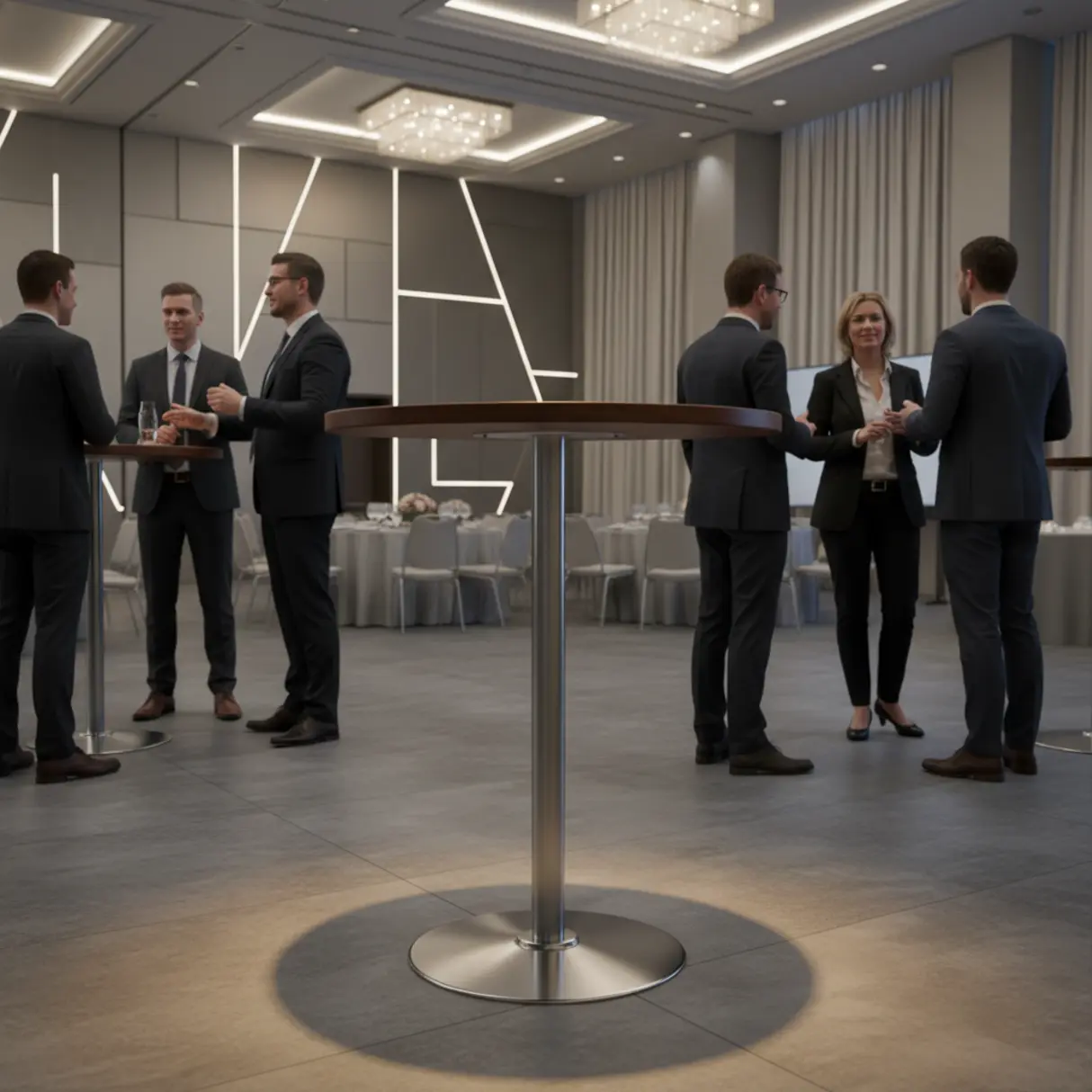 Elegancki, wysoki stół eventowy w nowoczesnej sali bankietowej, wokół którego rozmawiają uczestnicy wydarzenia.