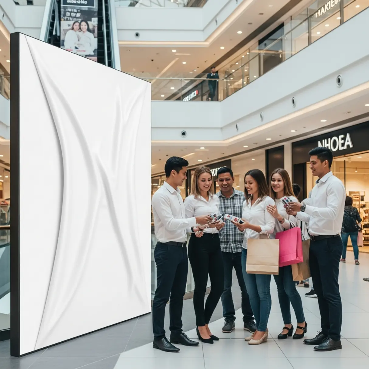 Ścianka reklamowa z abstrakcyjnym wzorem i grupa osób w galerii handlowej, otrzymujących produkty promocyjne.