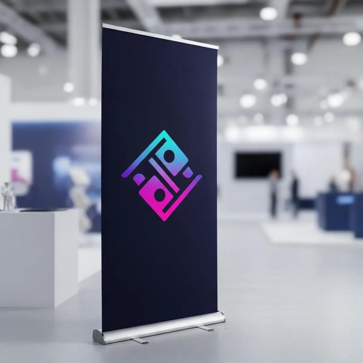 Roll-up z nowoczesnym logo na tle hali wystawienniczej.