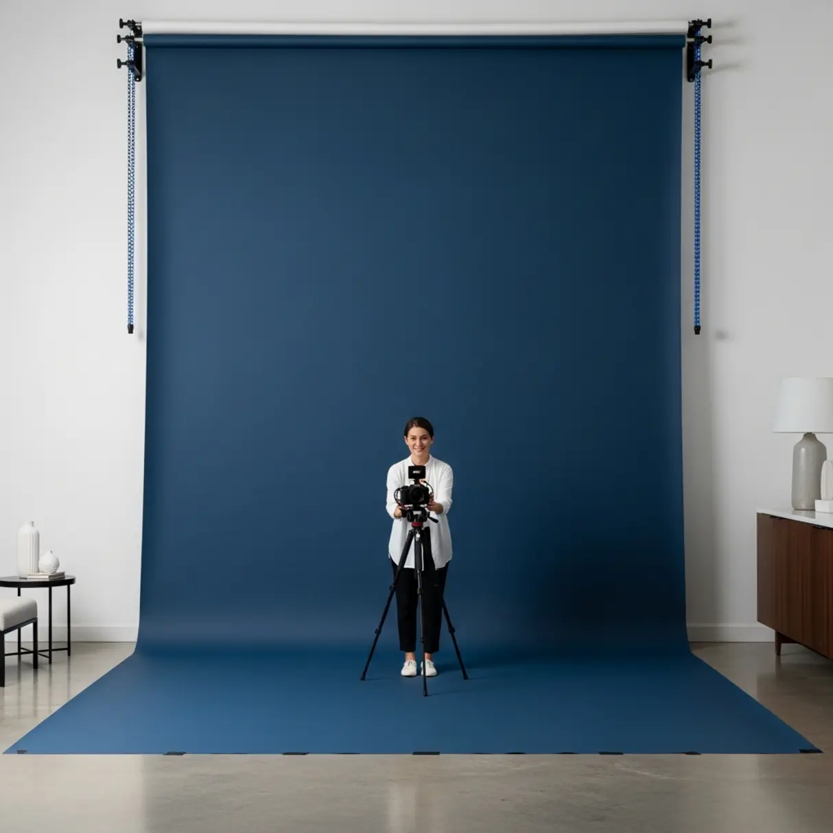 Kobieta fotografuje na tle niebieskiego tła fotograficznego w studio.