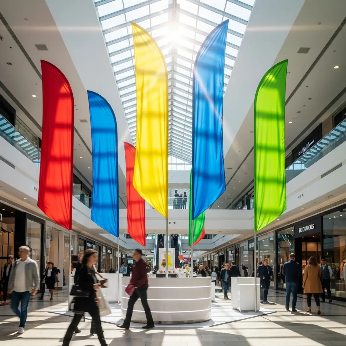 Wnętrze nowoczesnego centrum handlowego z wysokimi, kolorowymi flagami reklamowymi wokół stoiska promocyjnego.