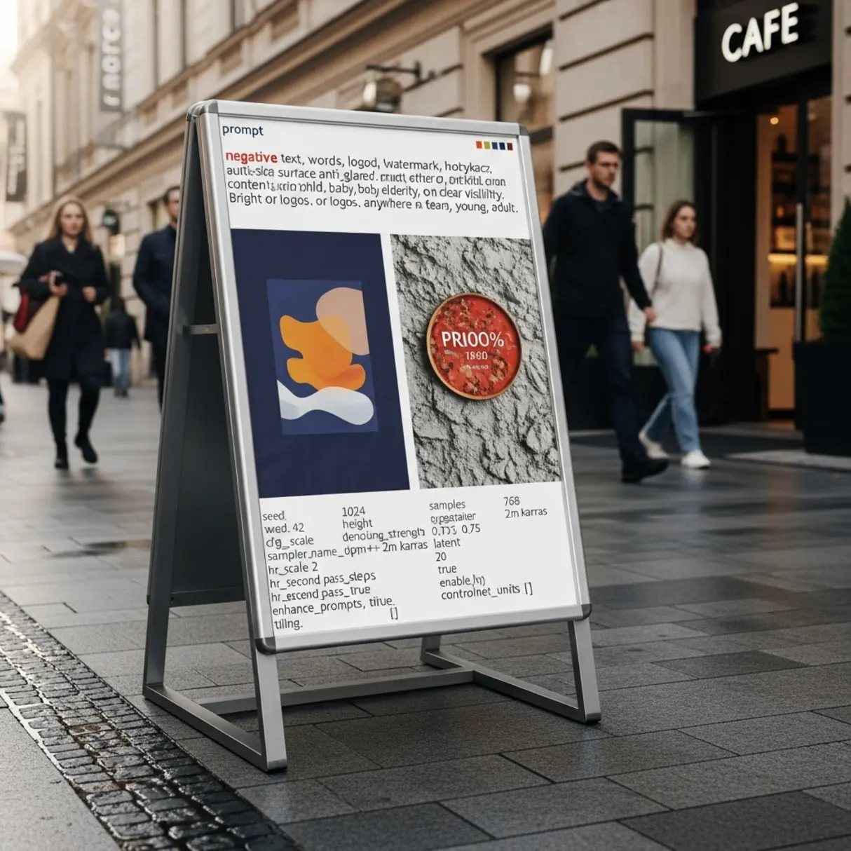 Srebrny potykacz z grafikami przed kawiarnią na chodniku.