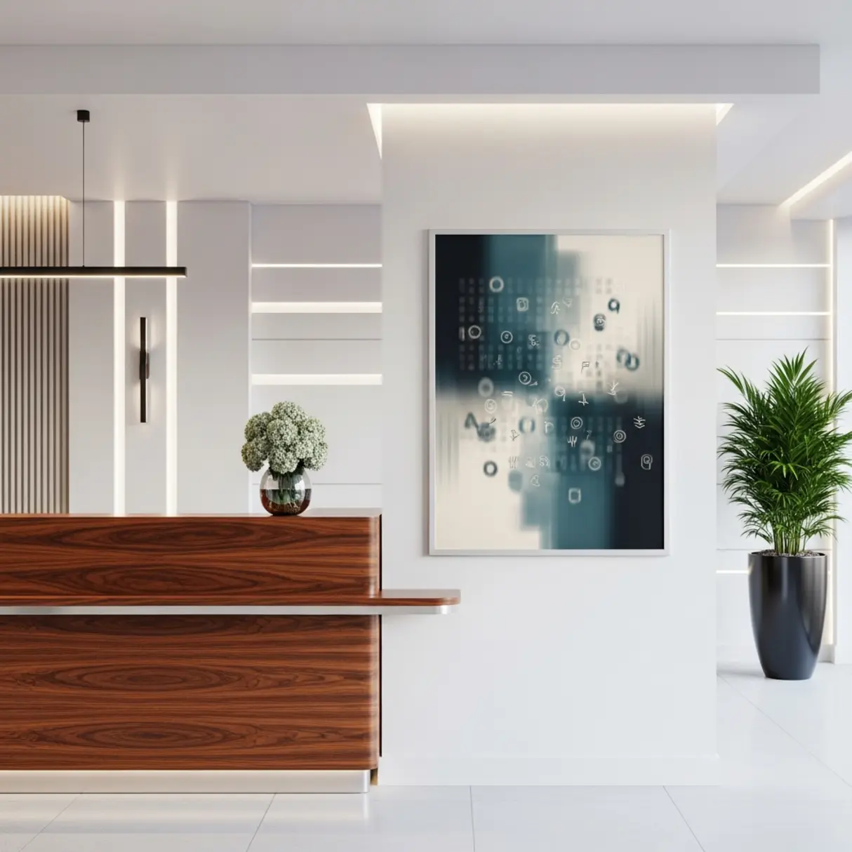 Srebrna rama na plakaty w nowoczesnym hotelowym lobby z abstrakcyjną grafiką.