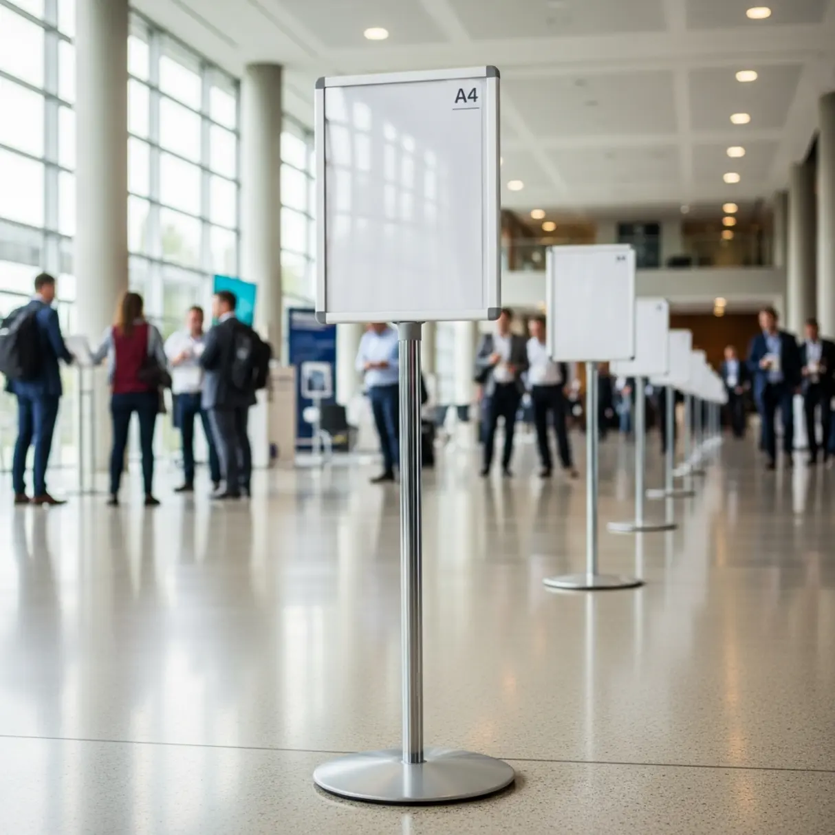Srebrny stojak informacyjny z ramką A4 w nowoczesnym centrum konferencyjnym z uczestnikami.