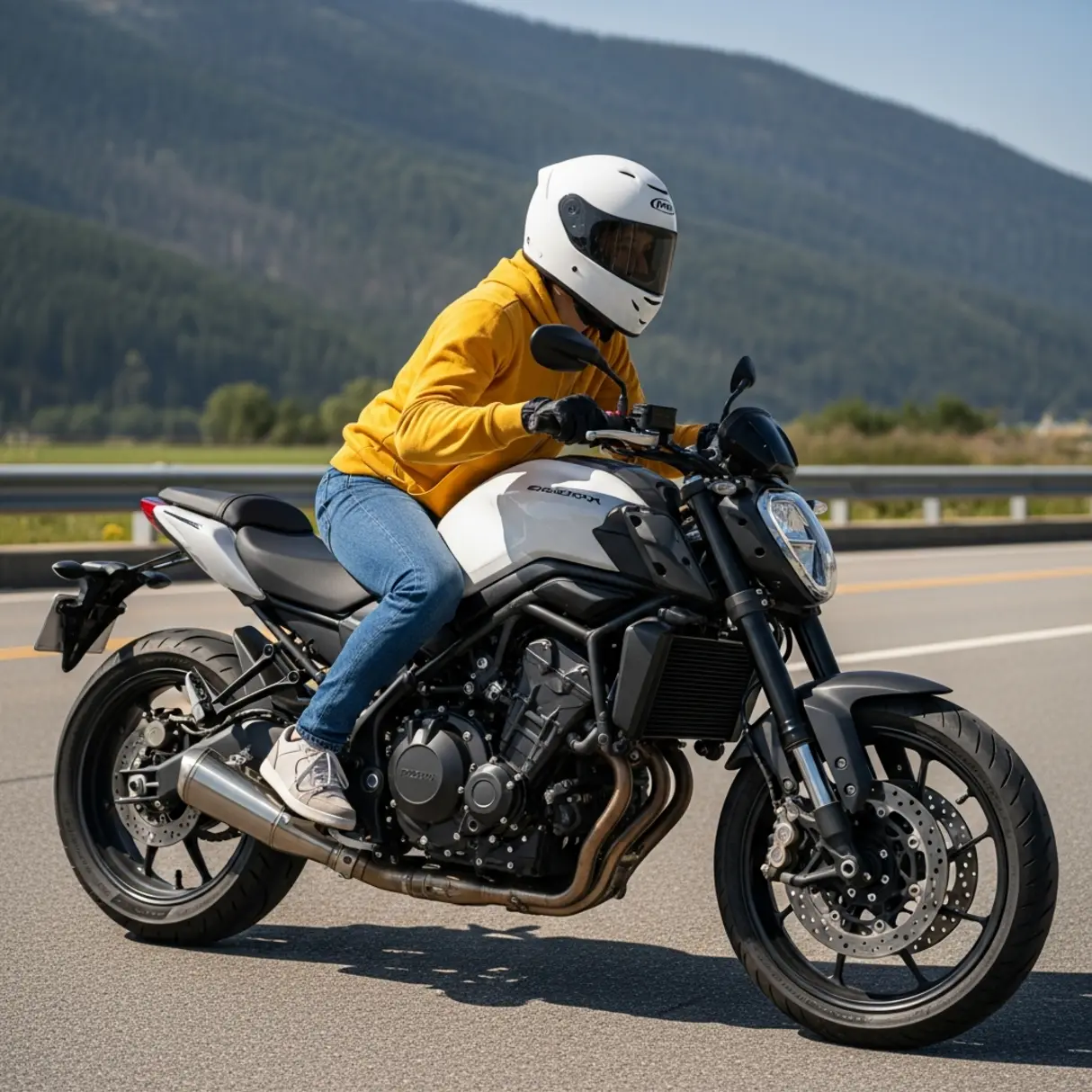 Osoba jadąca motocyklem po drodze z górami w tle.