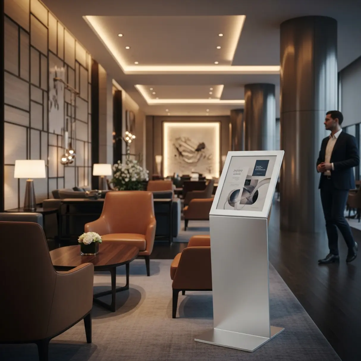 Srebrny stojak informacyjny A4 z grafiką w luksusowym lobby hotelowym.