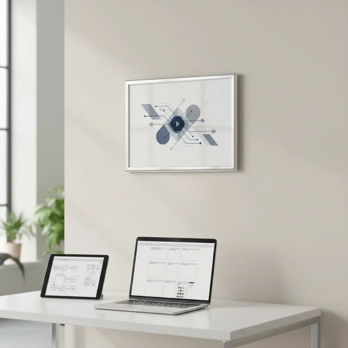 Elegancka rama magnetyczna A3 z abstrakcyjnym projektem graficznym w nowoczesnym biurze, poniżej tablet i laptop z interfejsem projektowym.