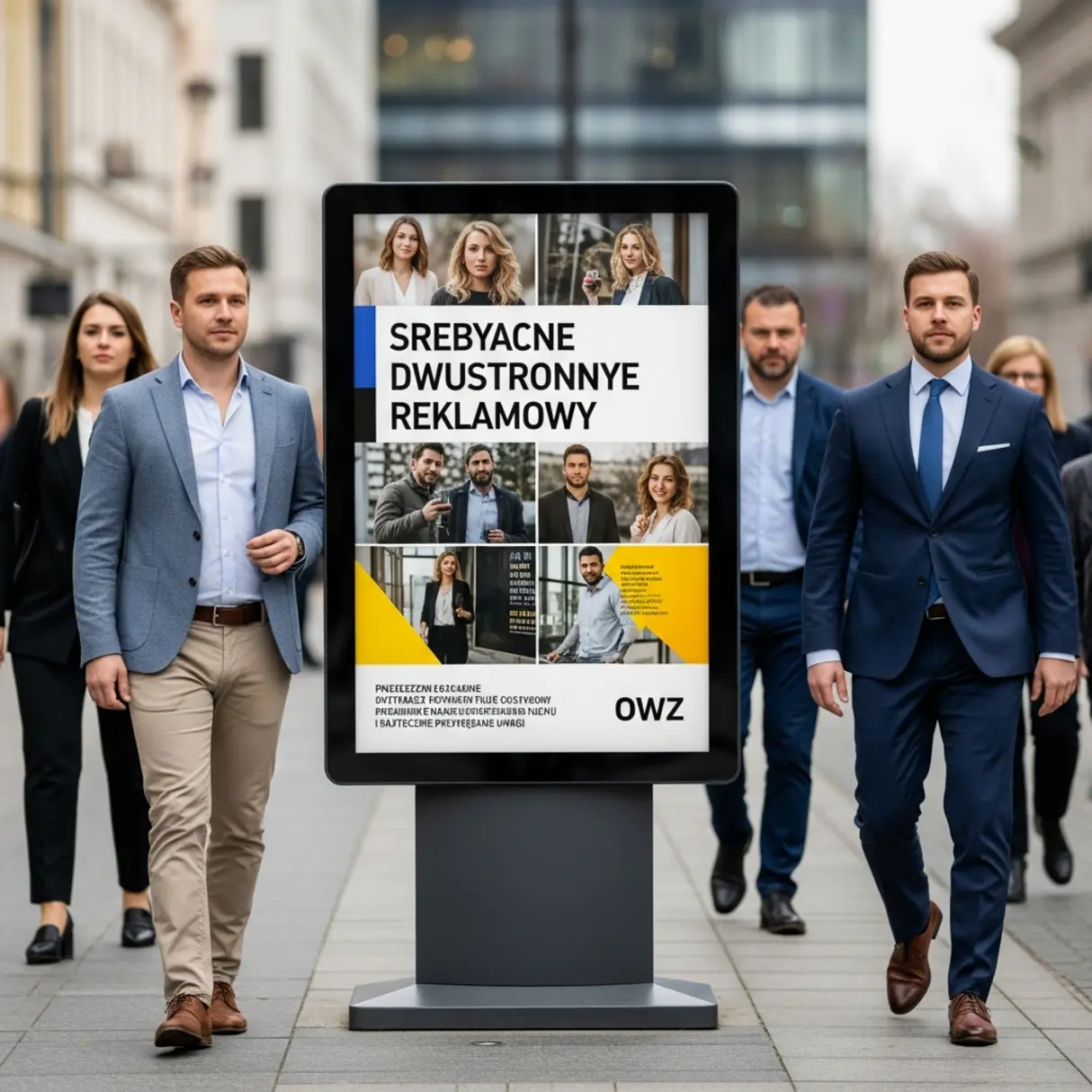 Srebrny dwustronny potykacz reklamowy A1 z podstawą Iron Base przy wejściu do sklepu.