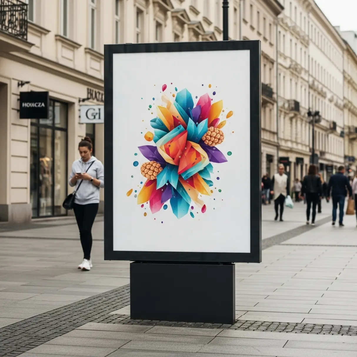Srebrny potykacz reklamowy z kolorową grafiką na ruchliwym chodniku miejskim.