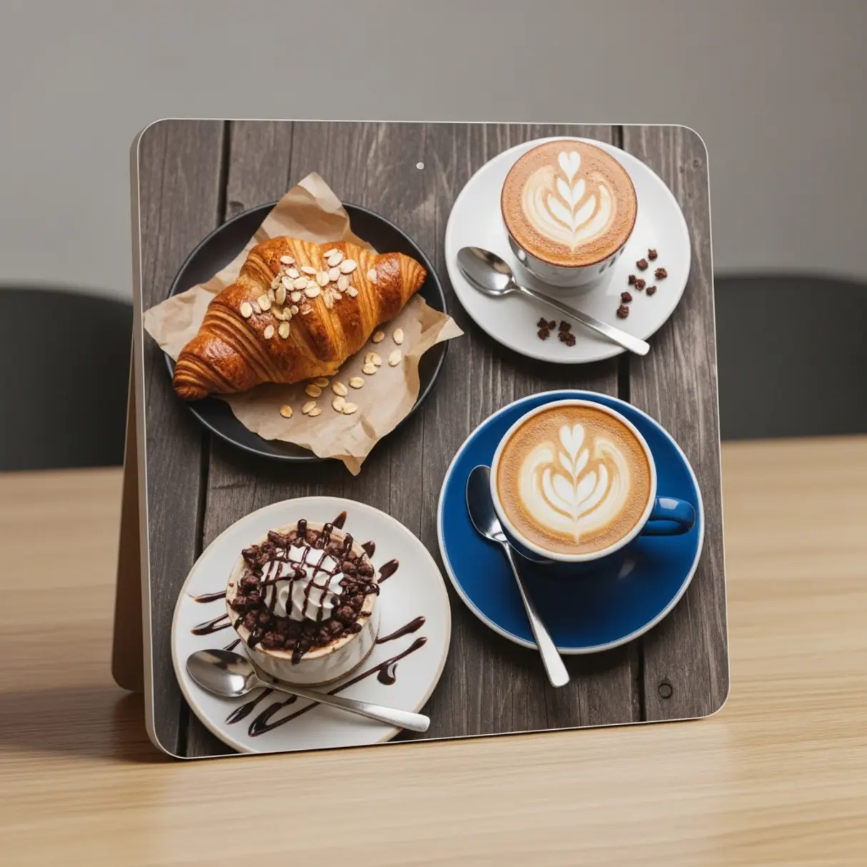 Potykacz reklamowy z fotografią croissanta, deseru i dwóch kaw latte z wzorami.