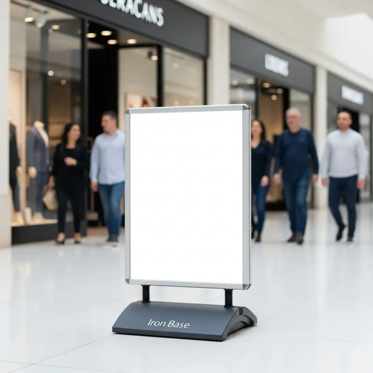 Srebrna tablica reklamowa A1 z pustą powierzchnią ekspozycyjną na solidnej, ciemnej stalowej podstawie 