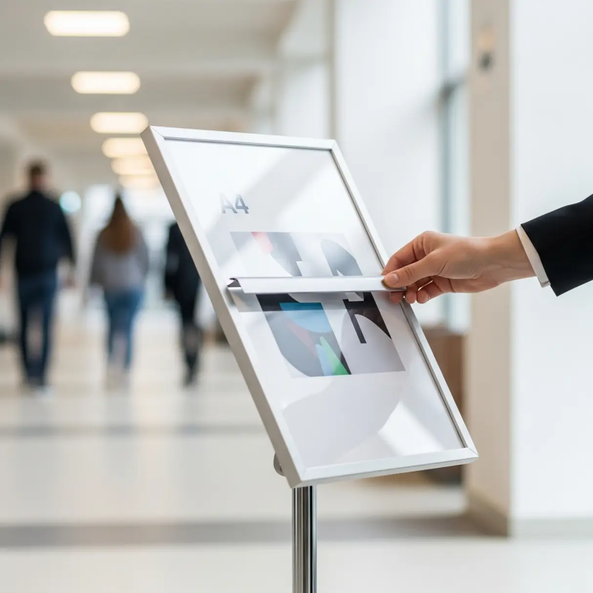 Srebrny stojak informacyjny A4 w korytarzu uniwersyteckim, z ręką wkładającą plakat z grafiką.
