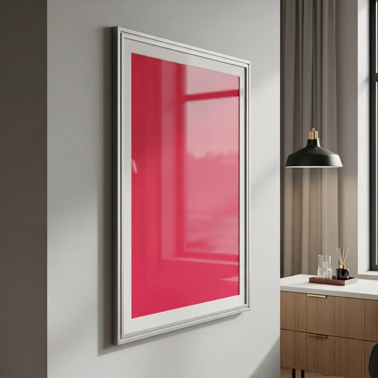 Elegancka ramka zatrzaskowa OWZ z anodowanego aluminium w nowoczesnym wnętrzu, prezentująca kolorowy plakat bez odblasków.