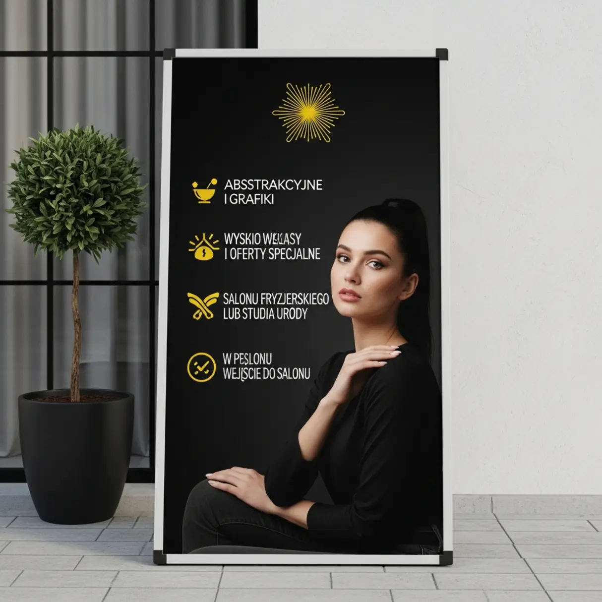 Elegancki potykacz reklamowy przed salonem fryzjerskim lub studiem urody, z abstrakcyjnymi grafikami i sugestią ofert specjalnych.