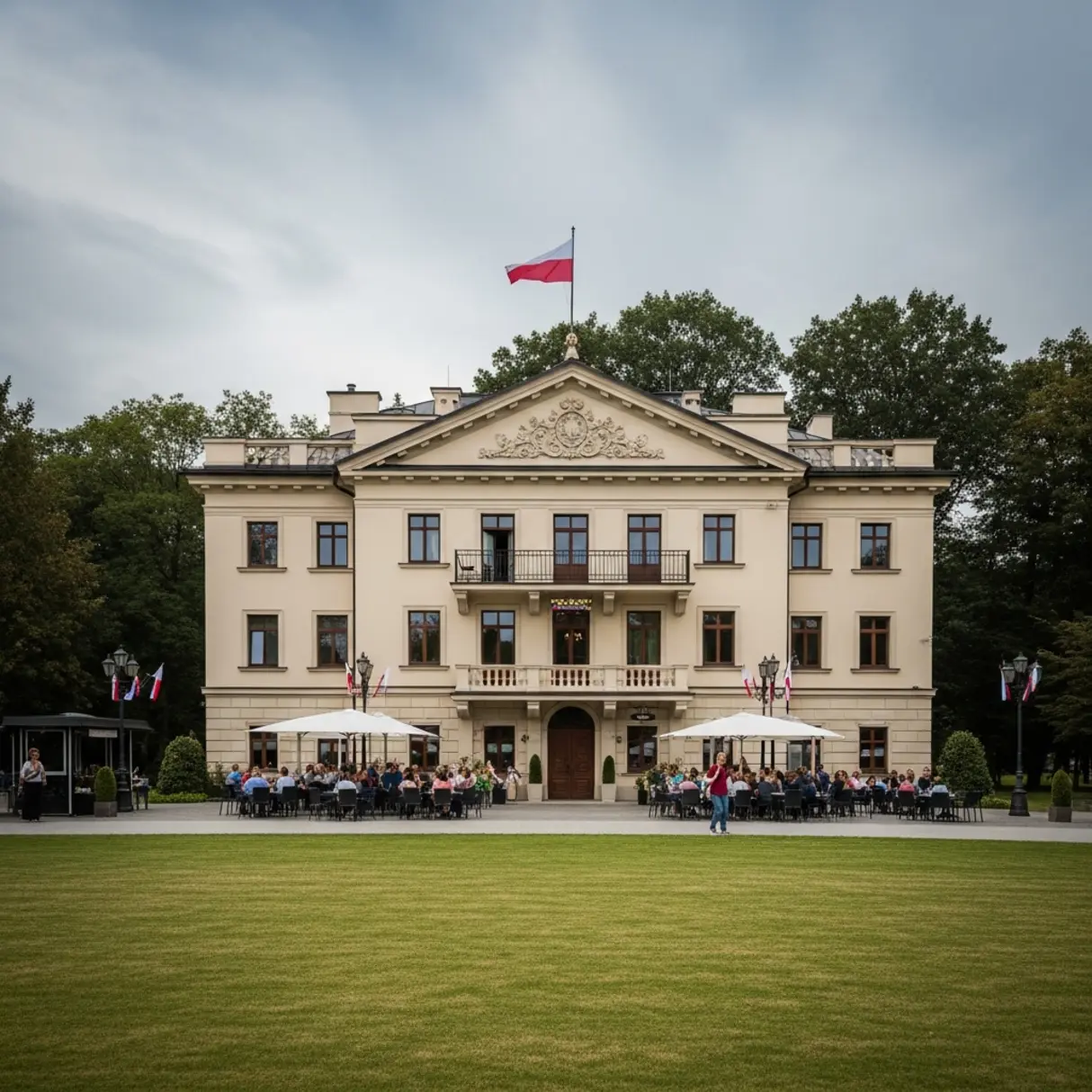 Stół eventowy na trawie podczas imprezy plenerowej.