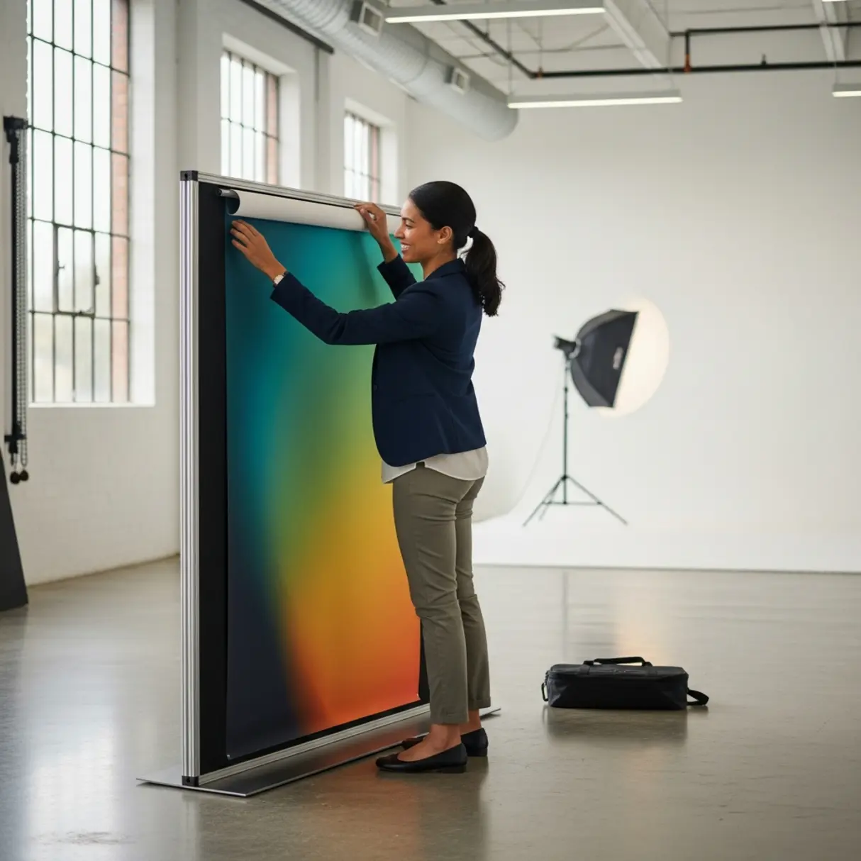 Kobieta instaluje kolorowy panel na ścianie tekstylnej w studiu fotograficznym.