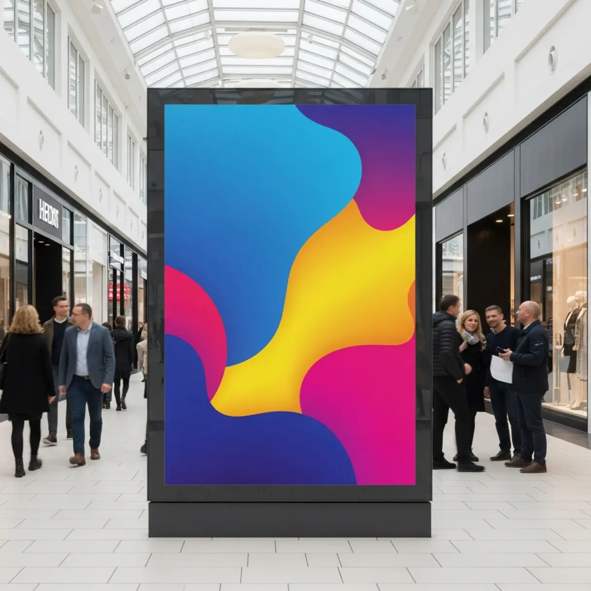 Duży formatowy, tekstylny mural reklamowy z abstrakcyjną grafiką w centrum handlowym.