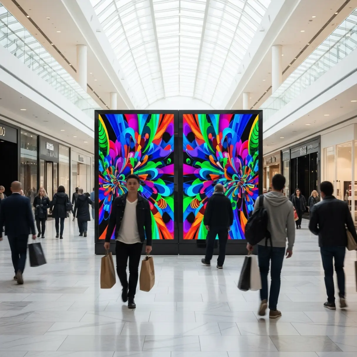 Nowoczesna, dwustronna ściana reklamowa z kolorową grafiką w centrum galerii handlowej.