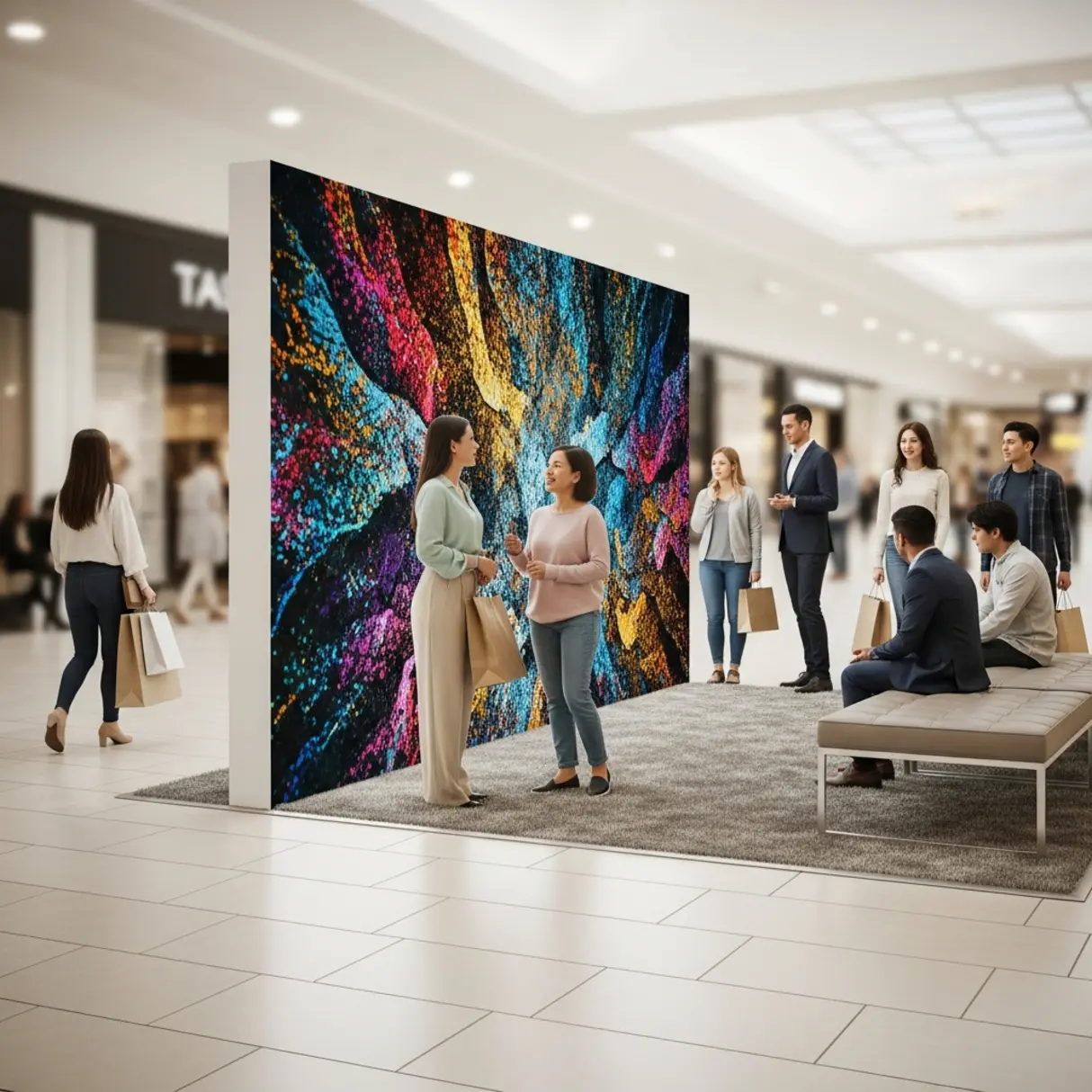 Wnętrze centrum handlowego z dużą ścianą reklamową z tkaniny i grupą ludzi.