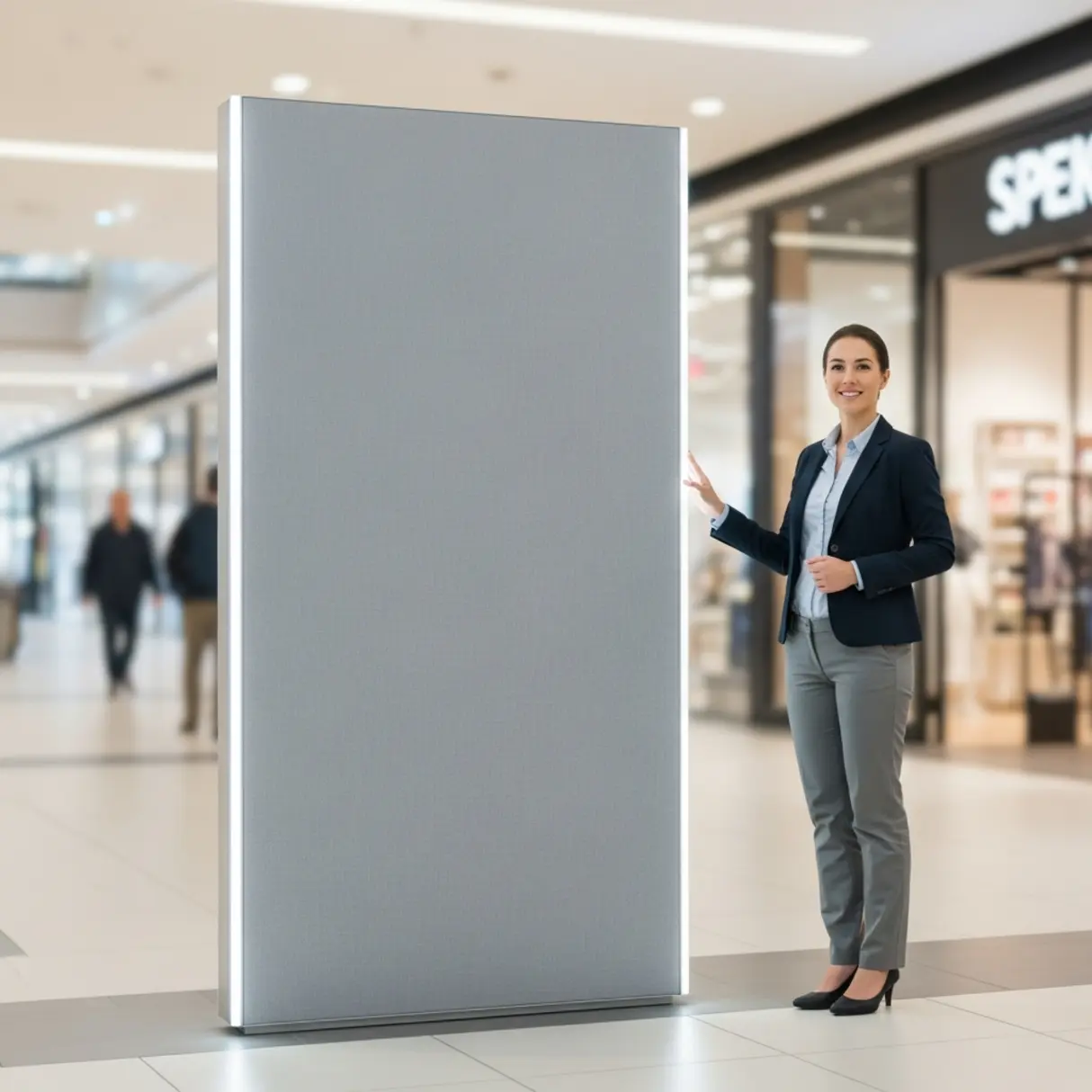 Kobieta prezentuje nowoczesną tekstylną ścianę reklamową w centrum handlowym.