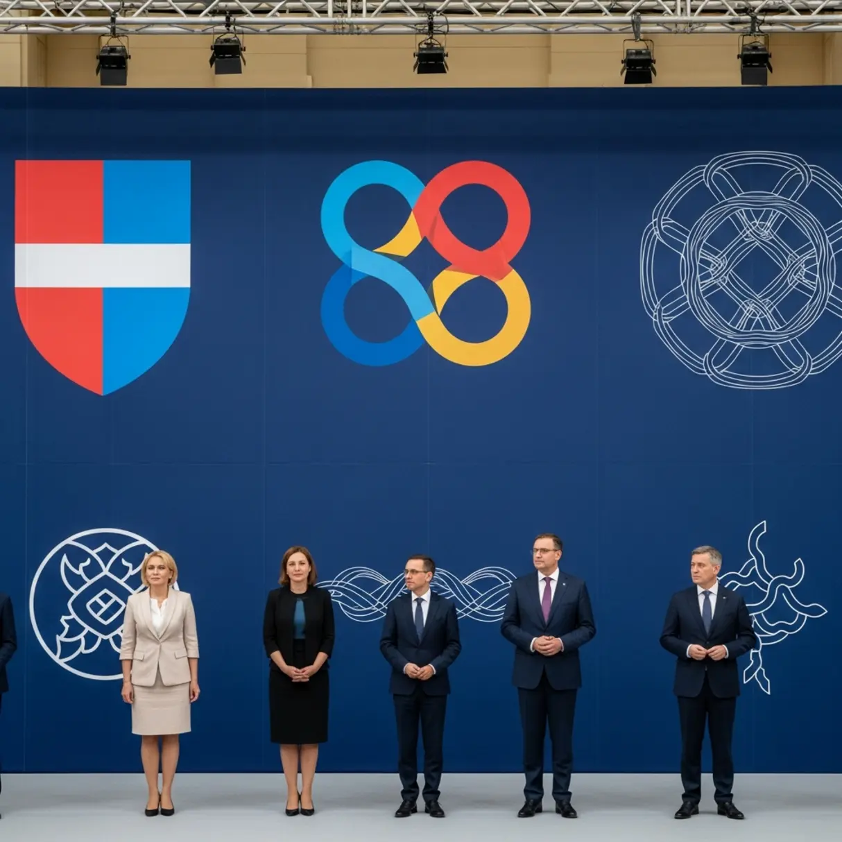 Oficjalne wydarzenie: Grupa elegancko ubranych osób stoi na tle ściany z symbolami i logotypami.